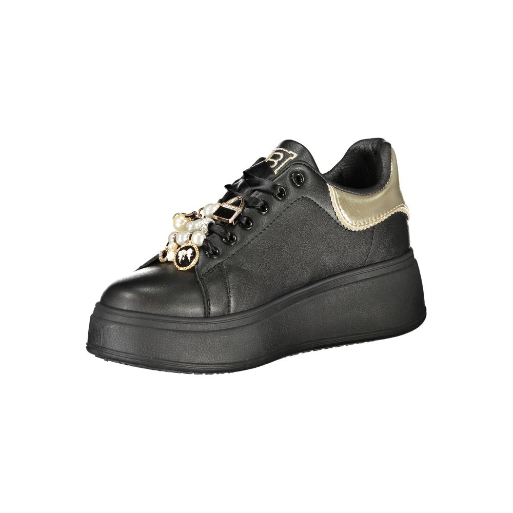 Laura Biagiotti Black Polyester Women Sneaker with platform and applique, perfect for fashion-forward style, sports, leisure, and urban adventures.