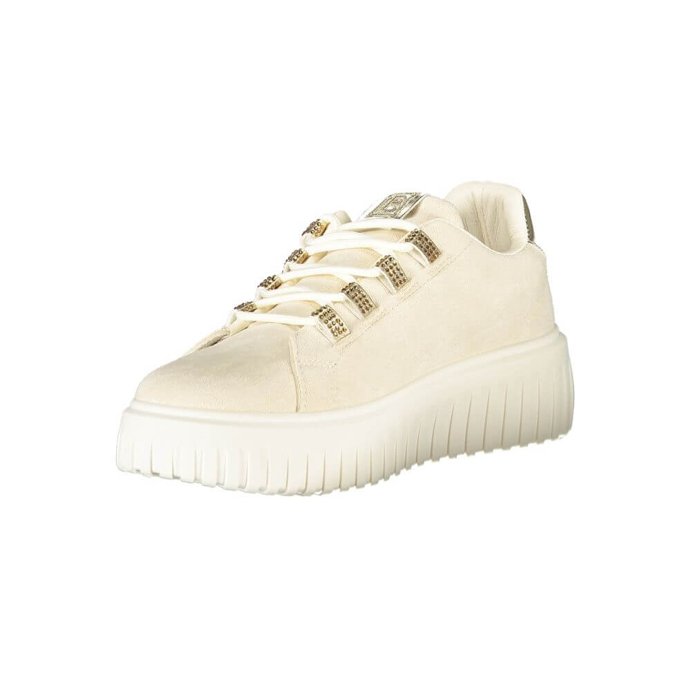 Laura Biagiotti Beige Polyester Women Sneaker with Rhinestones and Gold Accents on 4 cm Platform