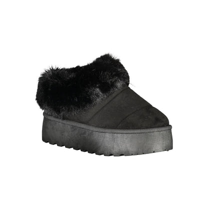 Laura Biagiotti Black Polyester Women Sneaker with plush fur detail and 4 cm wedge heel, embodying glamour and sporty chic style.
