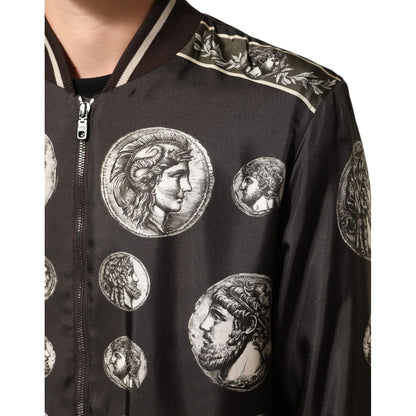 Dolce & Gabbana Black "Monete" Coin Print Silk Bomber Jacket