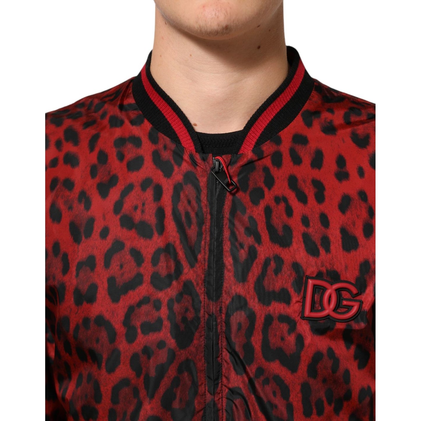 Dolce & Gabbana Red Leopard Print Full Zip Bomber Men Jacket