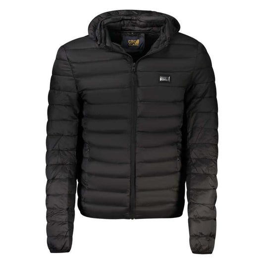 Cavalli Class Black Polyester Men Jacket with removable hood and zip closure, featuring external and internal pockets.
