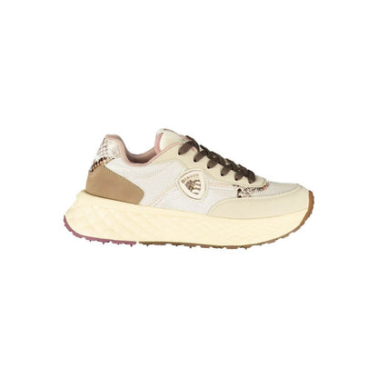 Side view of Blauer Beige Leather Women Sneaker featuring contrasting details and Blauer logo, made of leather, polyester, and polyethylene.