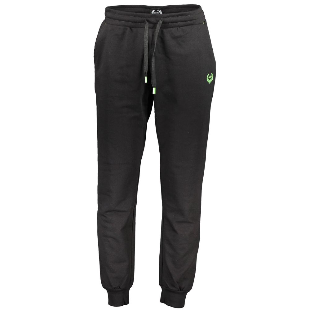 Gianmarco Venturi Black Cotton Pant with elastic waist, ankle cuff, and contrasting embroidery. Sports trousers with logo.