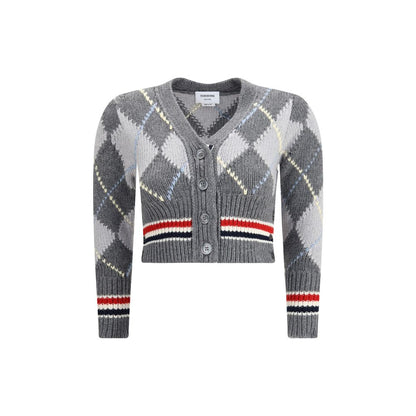 Thom Browne Gray Fleece Wool Cardigan with argyle pattern, V-neck, button closure, and cropped length for versatile styling. AW25 collection.