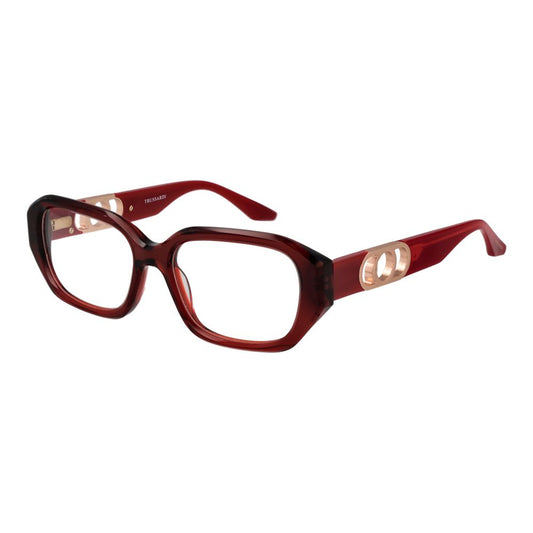 Trussardi Red Acetate Glasses (Frames) for women, full-rim rectangle style with 52mm plastic demo lenses, 145mm temples, spring hinge.