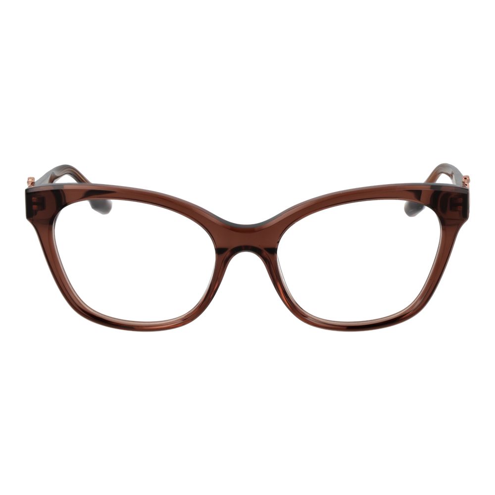 Trussardi Brown Acetate Glasses (Frames) for women, full-rim cat eye style, 54-18-145 size, with demo plastic lenses.