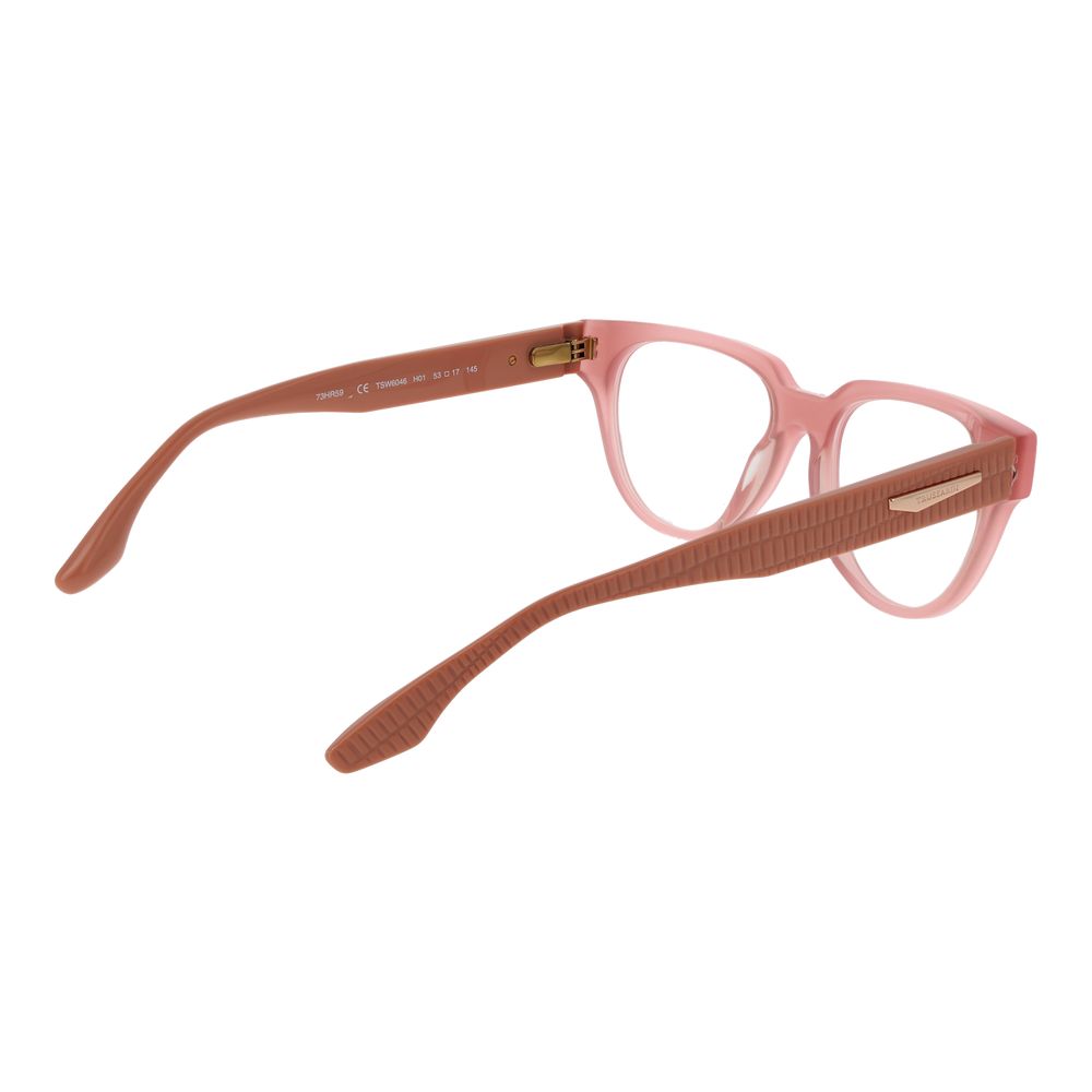 Trussardi Pink Acetate Glasses (Frames) for women with full-rim rose design and spring hinge; includes branded case.