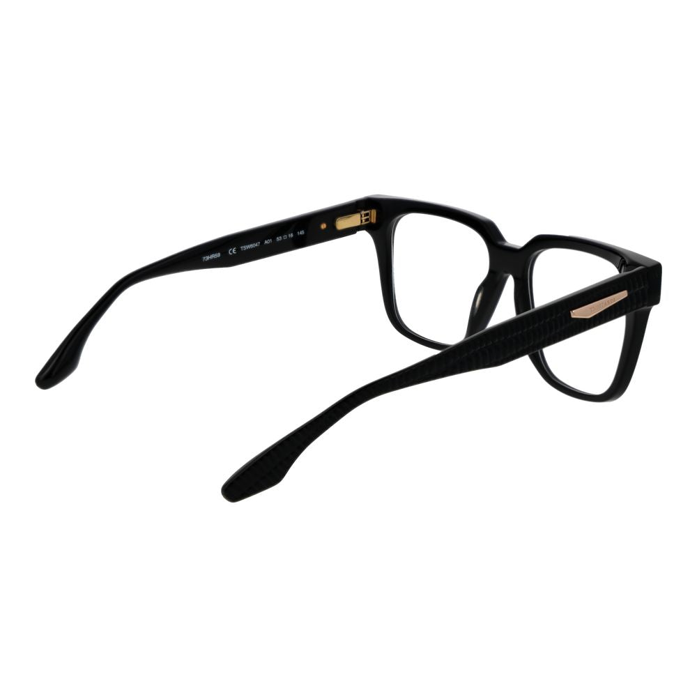 Trussardi Black Acetate Glasses (Frames) with full-rim square style and spring hinge, featuring demo plastic lenses in sleek black acetate.