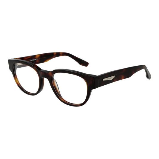 Trussardi Brown Acetate Glasses (Frames) full-rim panto style for men with demo lenses, spring hinge, and branded case.