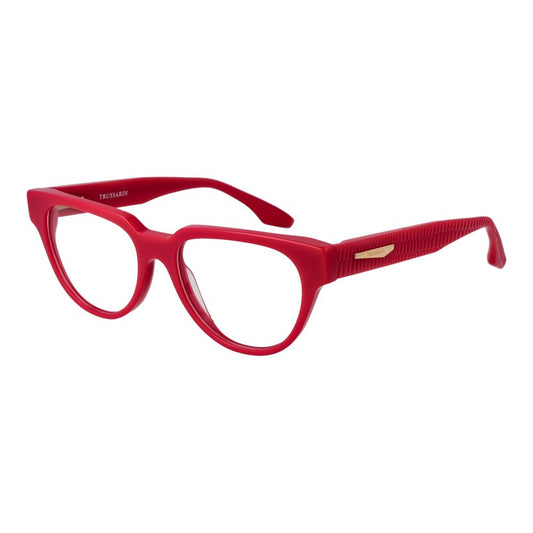 Trussardi Red Acetate Glasses (Frames) full-rim panto style for women with demo lenses and spring hinge, size 53-17-145.