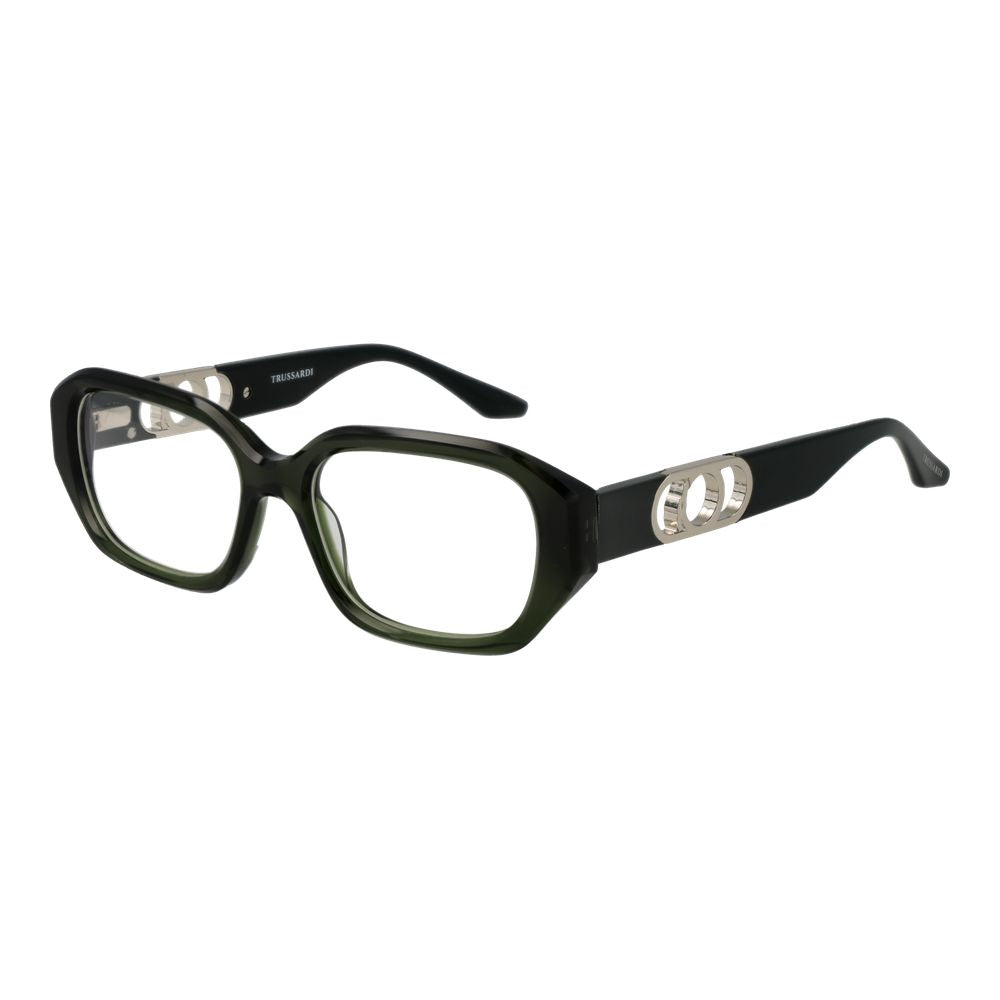 Trussardi Green Acetate Glasses (Frames) for women, full-rim rectangle style with 52-17-145 size, demo lenses, spring hinge included.