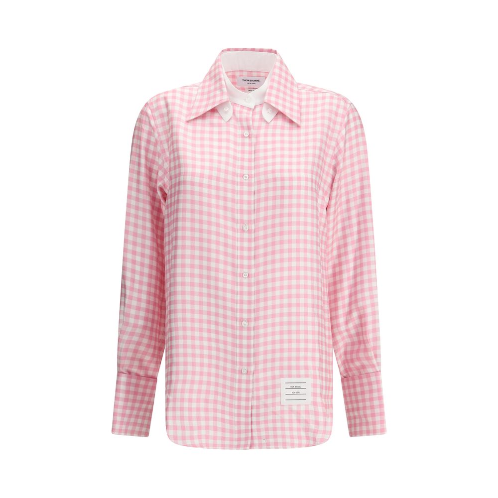 Thom Browne Multicolor Silk Pattern Shirt in pink gingham with point collar and buttoned cuffs, 100% silk, made in Italy, AW25 season.
