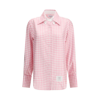 Thom Browne Multicolor Silk Pattern Shirt in pink gingham with point collar and buttoned cuffs, 100% silk, made in Italy, AW25 season.