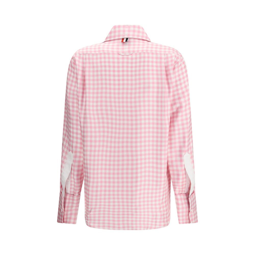 Back view of Thom Browne Multicolor Silk Pattern Shirt in light pink gingham, with point collar and long sleeves, AW25 collection.