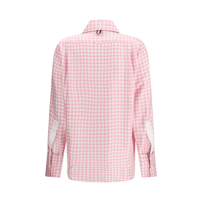 Back view of Thom Browne Multicolor Silk Pattern Shirt in light pink gingham, with point collar and long sleeves, AW25 collection.
