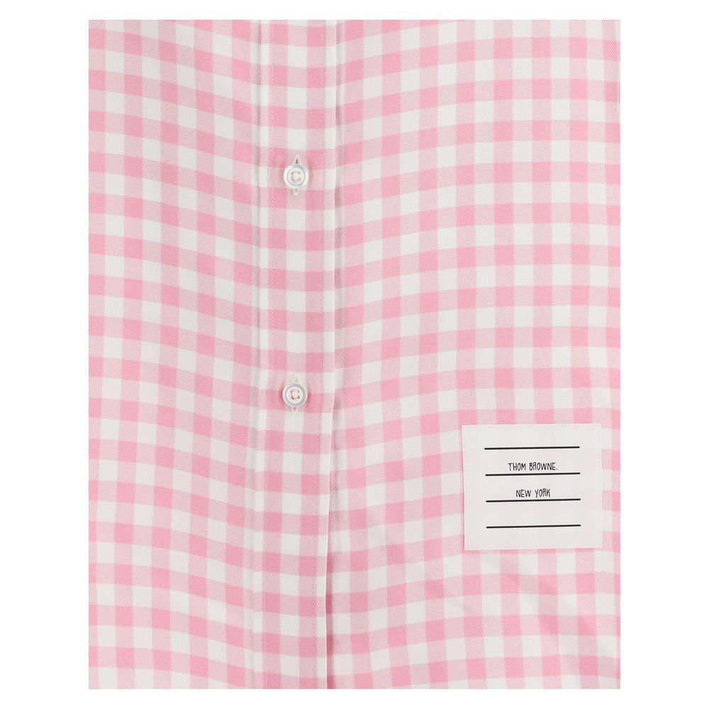 Thom Browne Multicolor Silk Pattern Shirt with light pink gingham, point collar, and buttoned cuffs for AW25, made in Italy.
