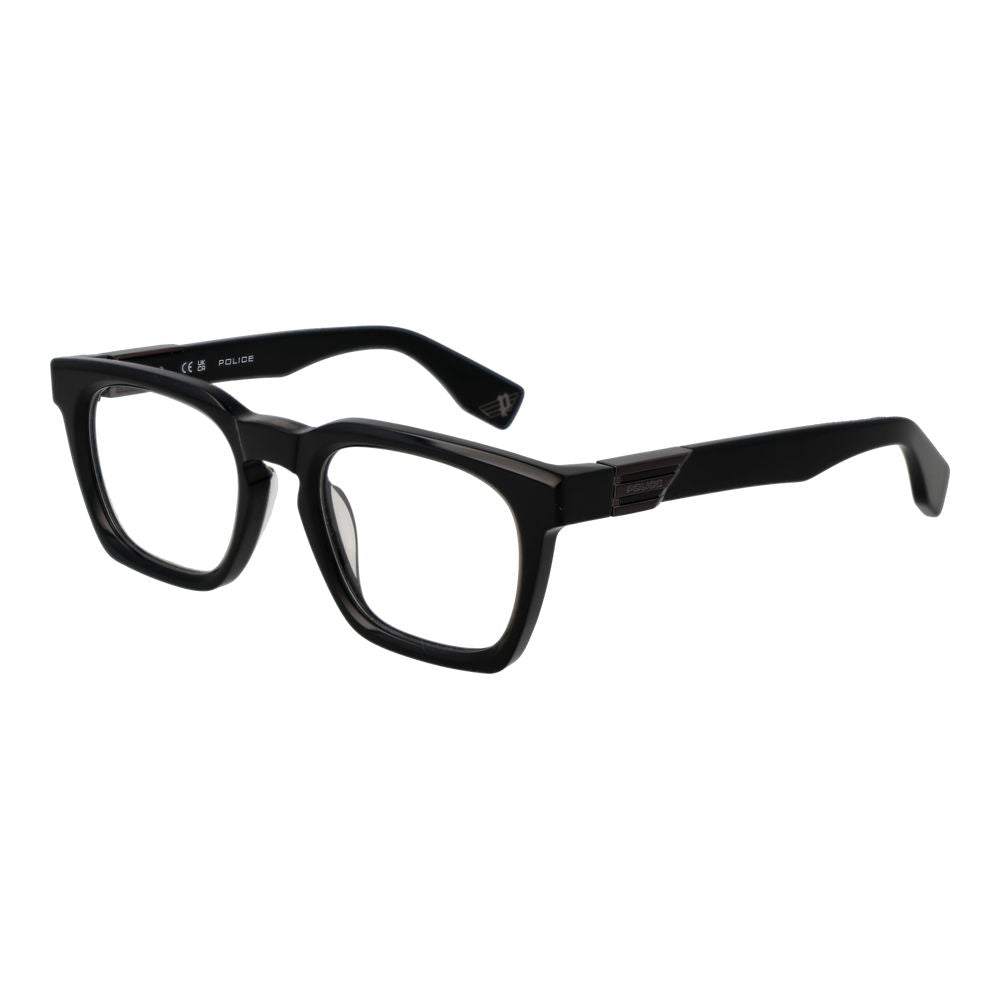 Police Black Cellulose Acetate Glasses (Frames) for men, full-rim square style, 51-22-145 size, with black frames and demo lenses.