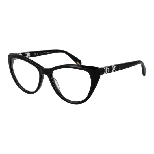 Police Black Plastic Glasses (Frames) for women, cat eye style, black full-rim frame with demo lenses, includes branded case.