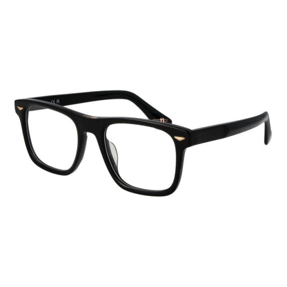 Police Black Cellulose Acetate Glasses (Frames) for men, full-rim rectangle shape with demo lenses, size 52-20-145, black frame.