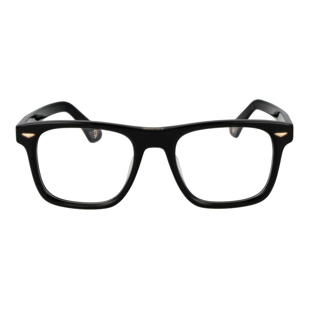Police Black Cellulose Acetate Glasses (Frames), full-rim rectangular design, demo lenses, 52-20-145 size, black acetate material.
