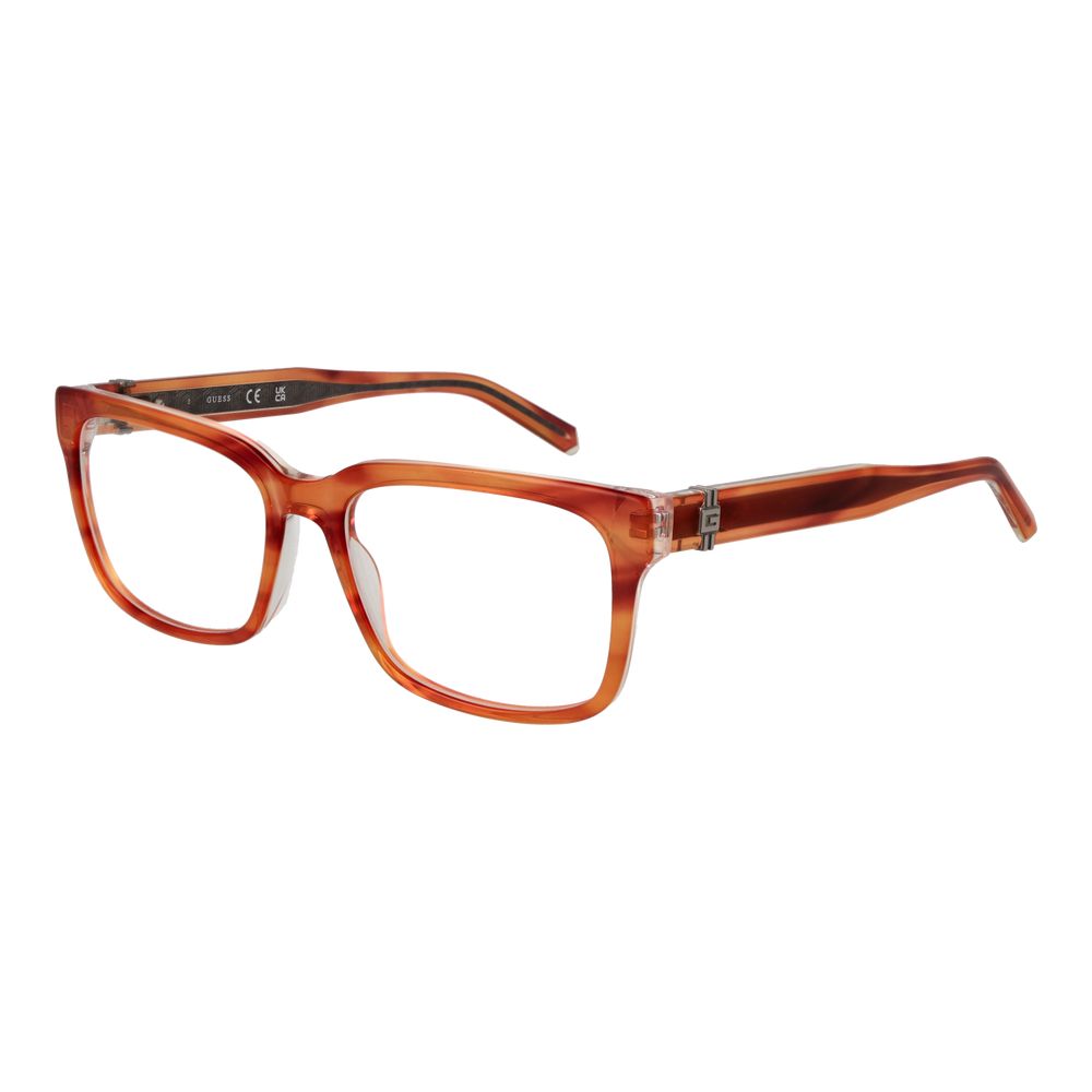 Guess Orange Acetate Glasses (Frames) for men, full-rim rectangular style, featuring spring hinges and demo lenses, with a branded case included.