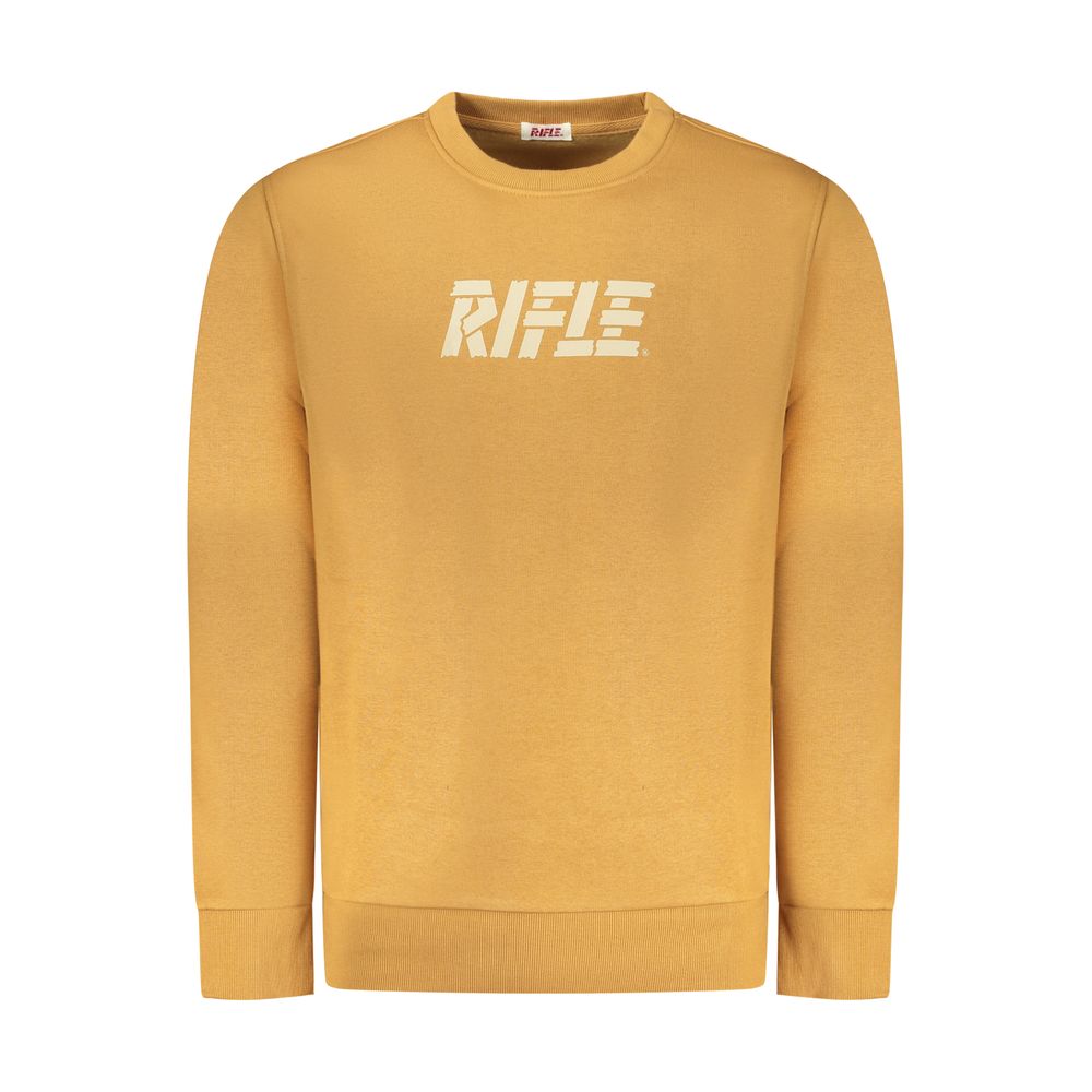 Rifle Brown Cotton Men Sweater featuring a bold crew neck design and iconic Rifle logo, crafted from a cotton-polyester blend for comfort and durability.