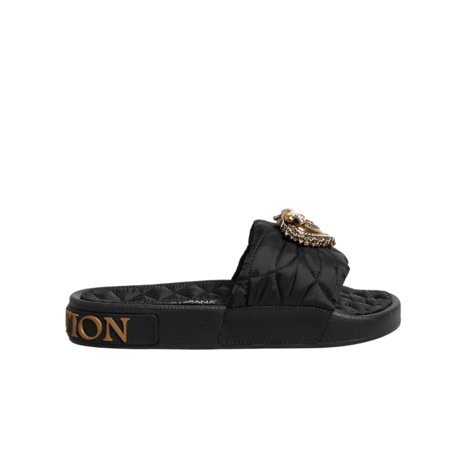 Dolce & Gabbana Black Devotion Matelassé Leather Slides Shoes