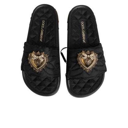 Dolce & Gabbana Black Devotion Matelassé Leather Slides Shoes