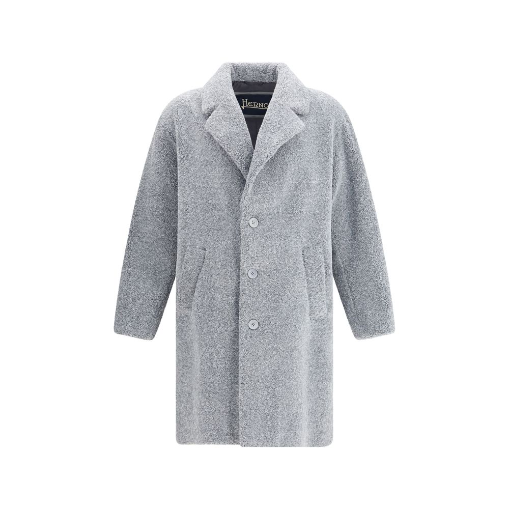 Herno Gray Polyester Coat with single-breasted design and classic lapels, featuring logo-engraved buttons and welt pockets for refined elegance.