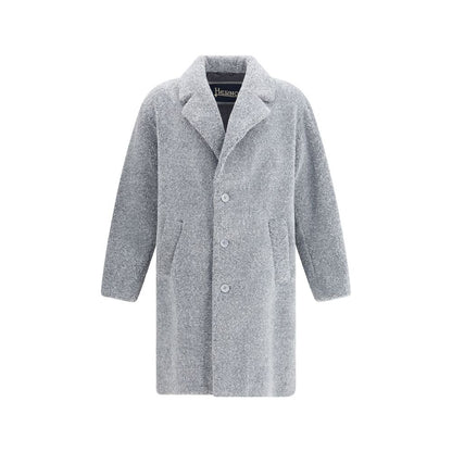 Herno Gray Polyester Coat with single-breasted design and classic lapels, featuring logo-engraved buttons and welt pockets for refined elegance.