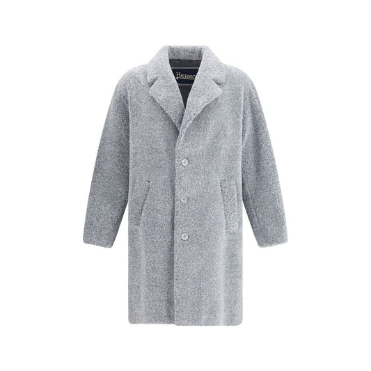 Herno Gray Polyester Coat with single-breasted design and classic lapels, featuring logo-engraved buttons and welt pockets for refined elegance.