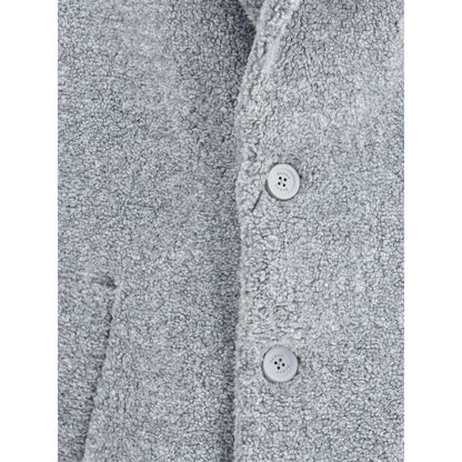 Close-up of Herno Gray Polyester Coat with button details and soft texture, showcasing elegance and sophistication for AW25.