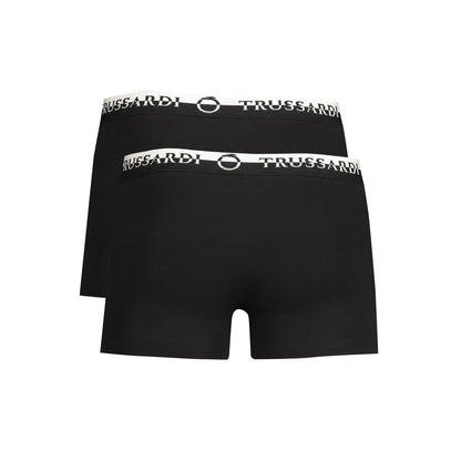 Trussardi Black Cotton Underwear, bi-pack with elastic waist and logo print, featuring double elastic boxer parts.