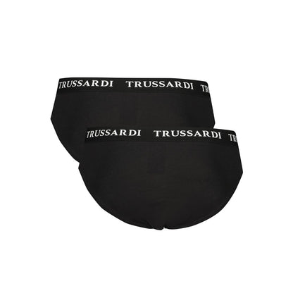 Trussardi Black Cotton Underwear with branded elastic waistband, bi-pack, featuring logo print.
