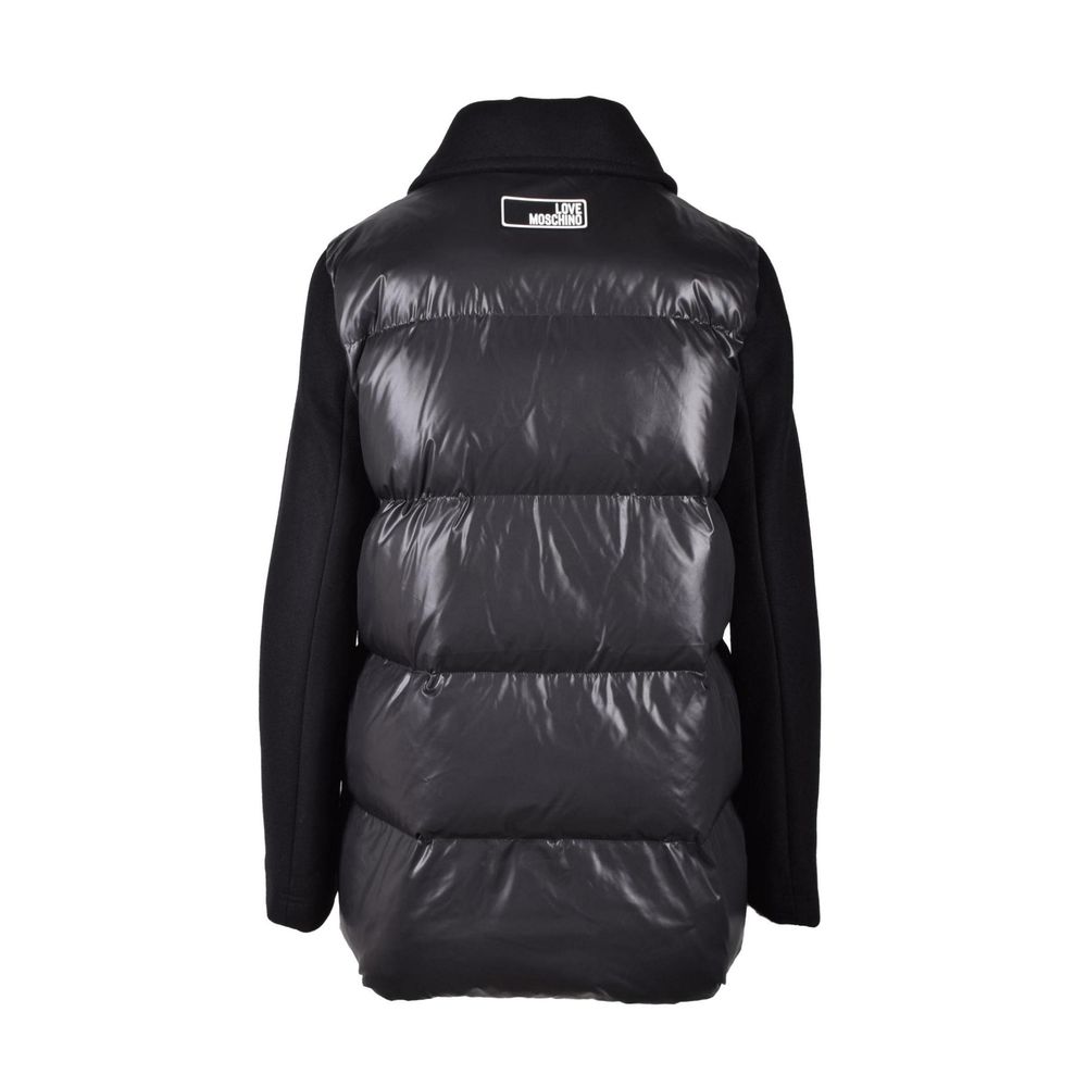 Love Moschino Black Polyester Clothing, women's puffer jacket with padded panels and smooth fabric details, back view.