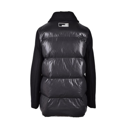 Love Moschino Black Polyester Clothing, women's puffer jacket with padded panels and smooth fabric details, back view.