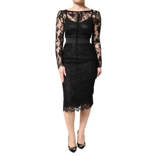 Dolce & Gabbana Black Lace Trim Cotton Sheath Midi Dress