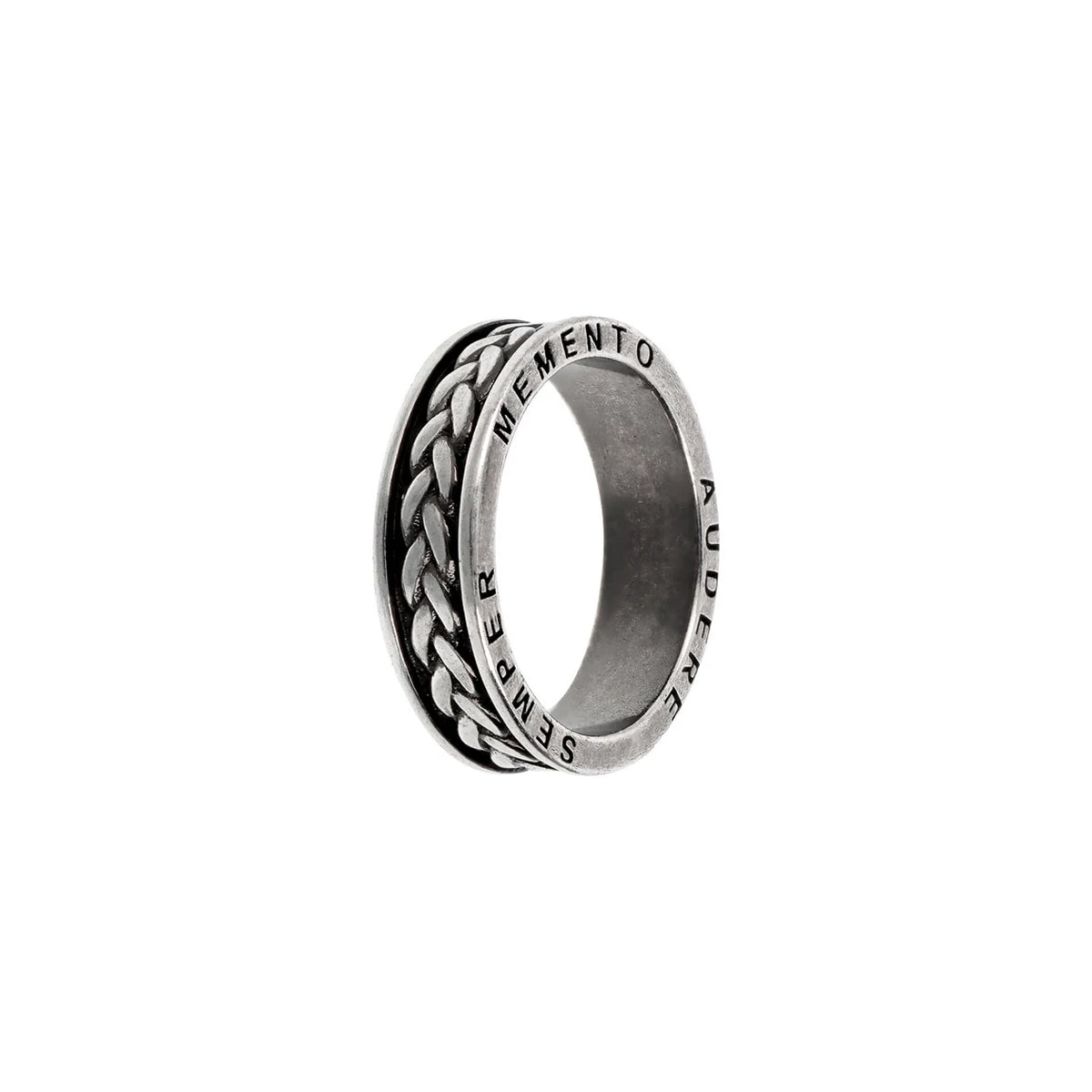 Silver ring with engraved Latin phrase, intricate design
