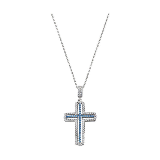 Elegant cross necklace from AMEN JEWELRY Mod. CLCRVBBLZ with blue stones, on a silver chain.
