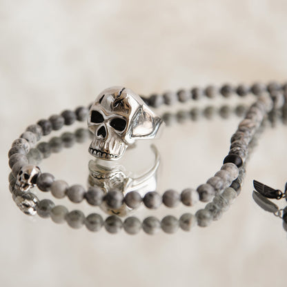 AN JEWELS JEWELRY Mod. AA.R255S-12 skull ring and bracelet set in silver and gray beads