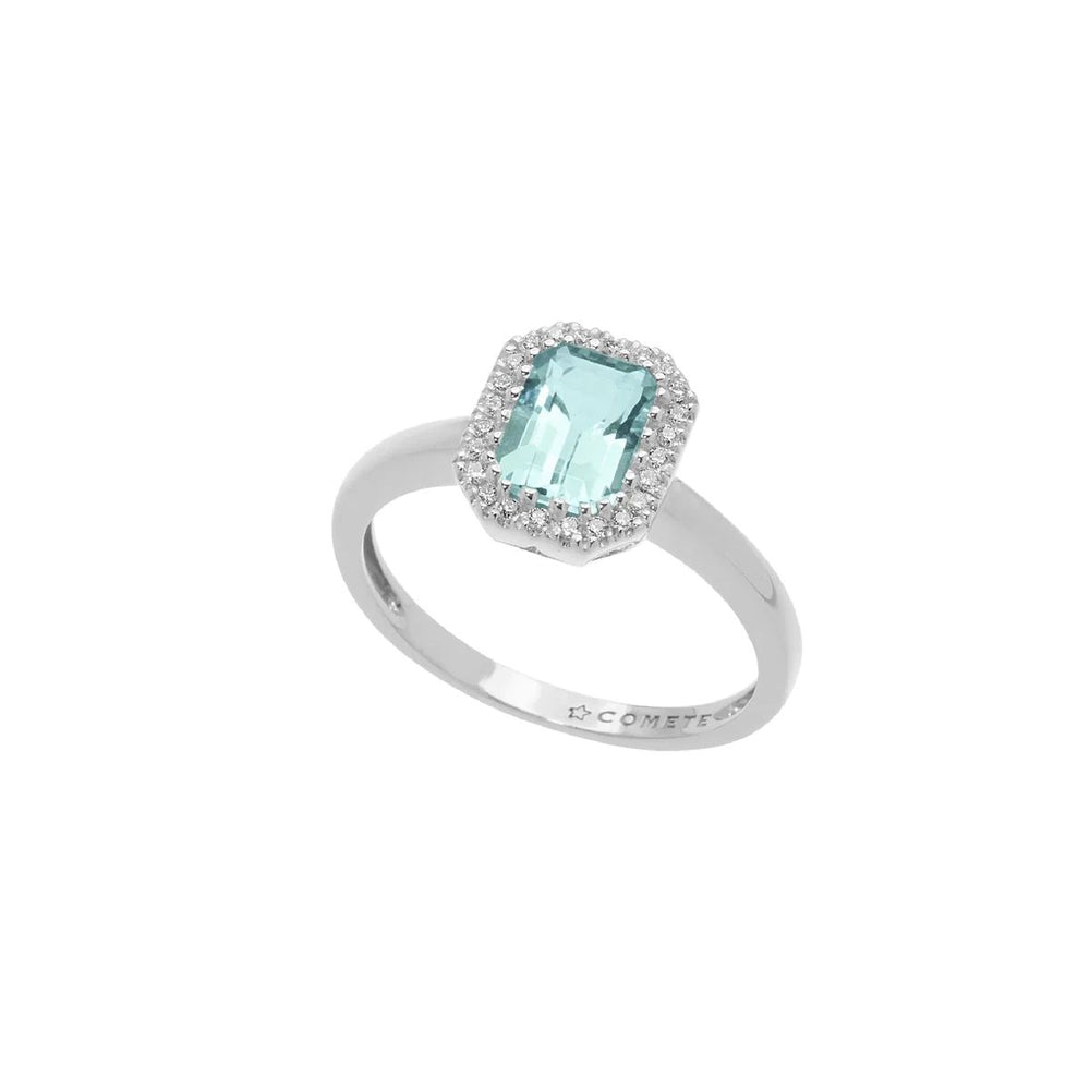 ANELLI COMETE MOD. ANQ311 ring with aquamarine stone and diamond accents shown on white background.