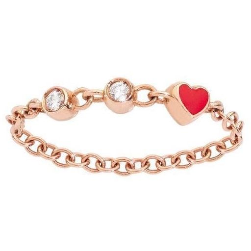 Gold chain ring with two diamonds and red heart charm, ANELLI DODO MOD. DAC0005LOVEMDB09R51 displayed on white background.