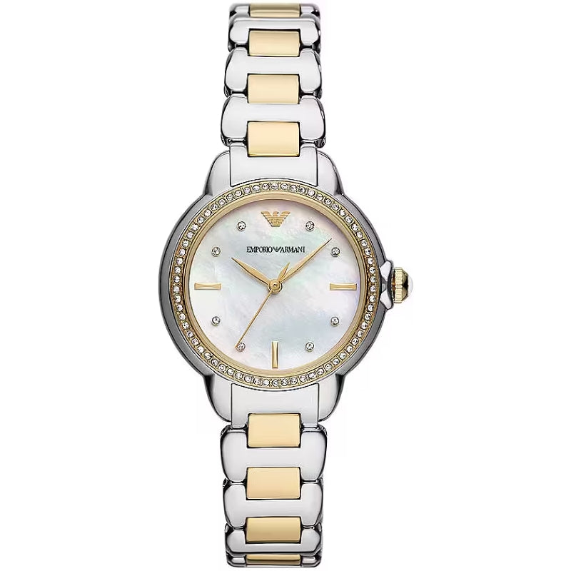 EMPORIO ARMANI Mod. MIA wristwatch for ladies with stainless steel case and mother of pearl dial, water resistant up to 5 ATM.