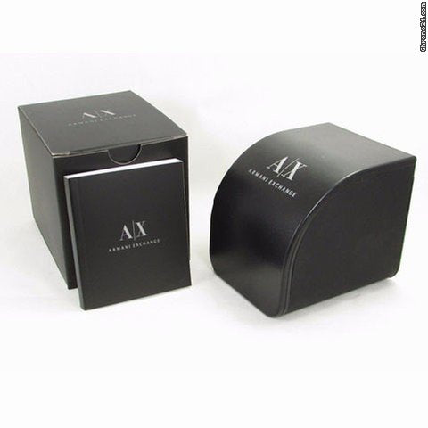 Official packaging for A|X ARMANI EXCHANGE Mod. HAMPTON wristwatch, including branded box and manual.