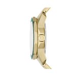 Side view of A|X ARMANI EXCHANGE Mod. SPENCER wristwatch in gold stainless steel with quartz movement and mineral dial, 10 ATM water resistance.