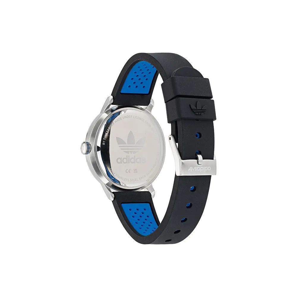 Adidas Black Synthetic Dress Watch with silicone bracelet and stainless steel case, featuring buckle closure, quartz mechanism, 5ATM water resistance.
