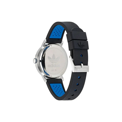 Adidas Black Synthetic Dress Watch with silicone bracelet and stainless steel case, featuring buckle closure, quartz mechanism, 5ATM water resistance.