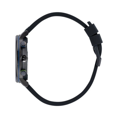 Side view of Adidas Black Synthetic Sport Watch with black silicone bracelet and stainless steel case, featuring a buckle closure.