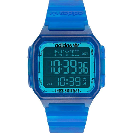 Adidas Blue Synthetic Sport Watch with blue resin case and silicone bracelet, digital display, quartz mechanism, shock resistant, water resistant.